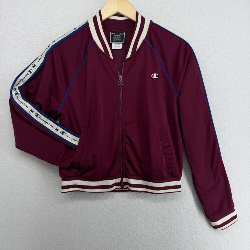 CHAMPION Jacket Womens M Life Track Training Cropped Full Zip Maroon Red